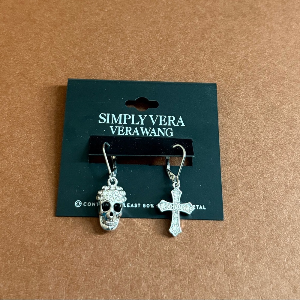 Simply Vera Vera Wang Silver Skull and Cross Dangle Earrings - Picture 2 of 2